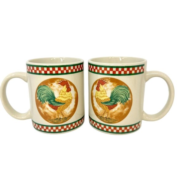 Cardinal Mug Rooster Red Checker Pattern Hand Painted Coffee Tea Cup Lot of Two - Picture 1 of 10